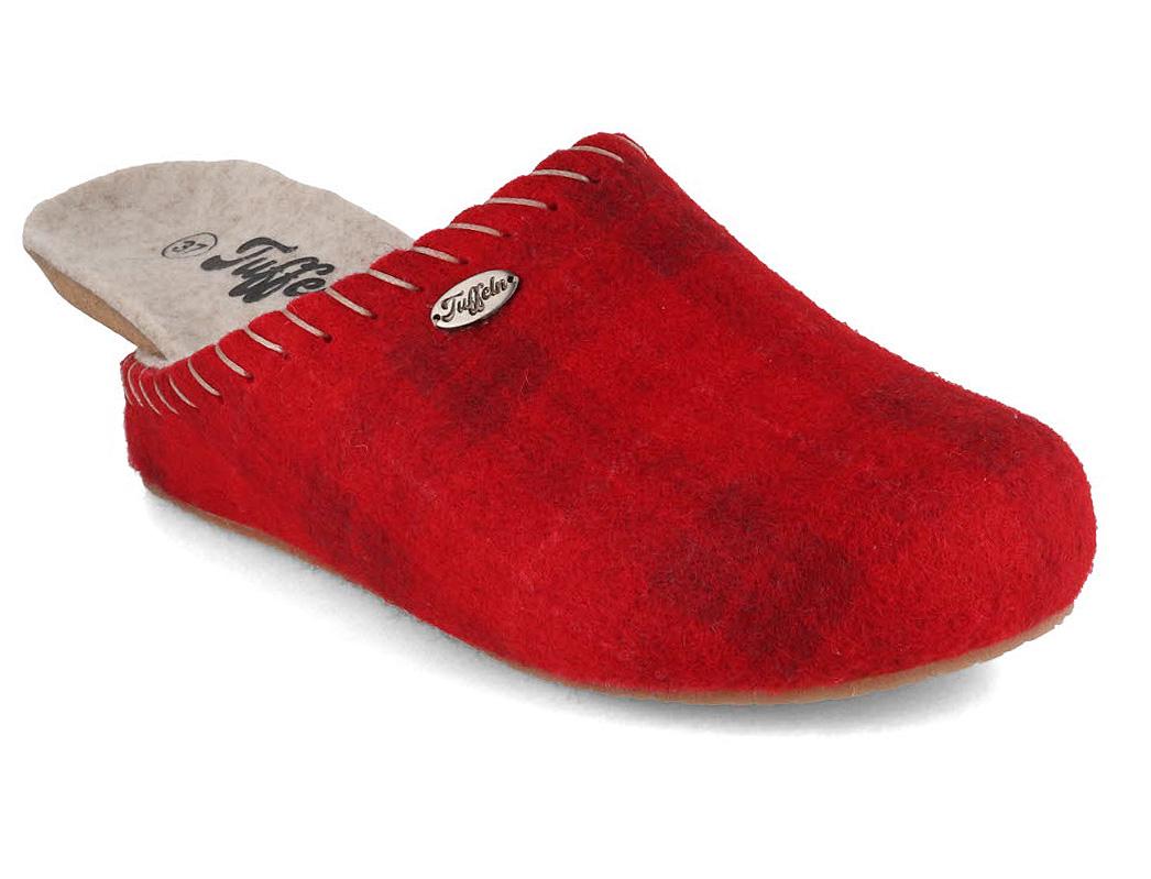 Tuffeln� Pantofole da donna in feltro con sottopiede in sughero �Auszeit�, Rosso a quadretti