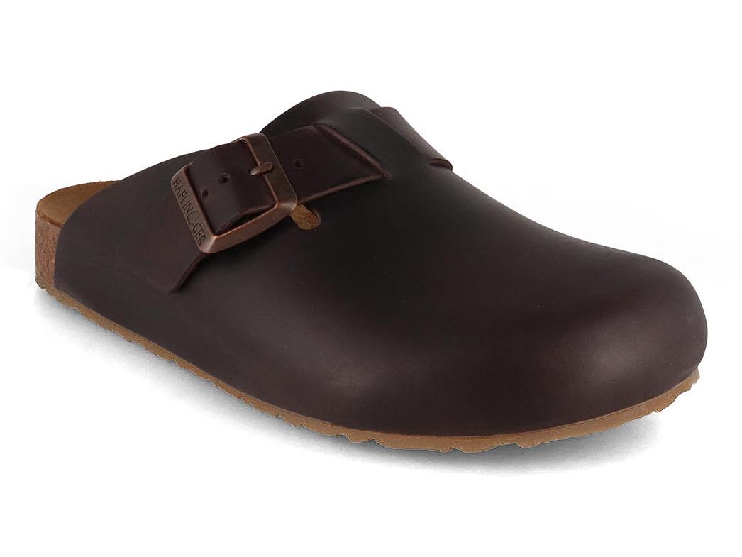 Zoccoli in pelle HAFLINGER da donna e da uomo Porto, marrone scuro