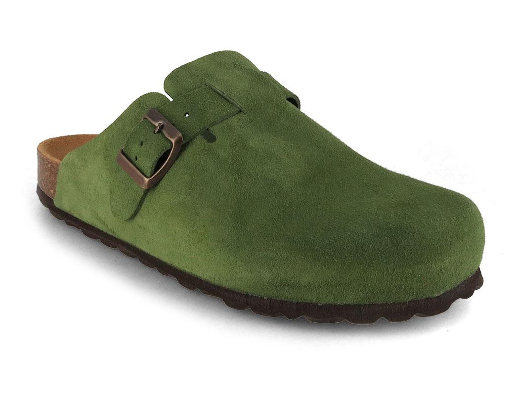Zoccoli "Helgoland" in pelle di nabuk di Tuffeln, verde
